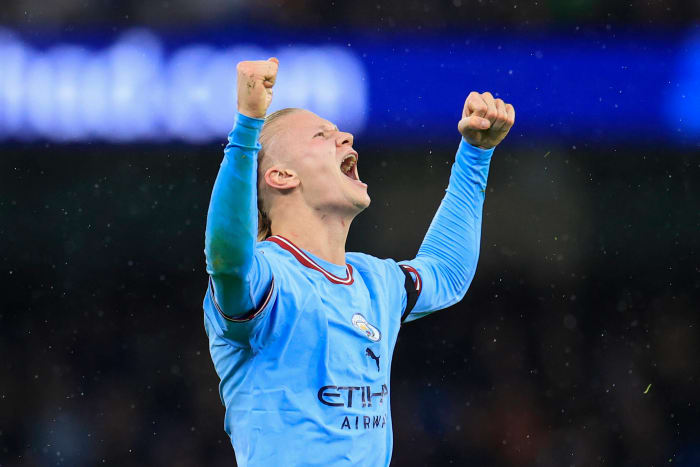 Erling Haaland pictured celebrating after scoring his 21st goal of the 2022/23 Premier League season for Manchester City (during a home game against Everton on December 31, 2022)
